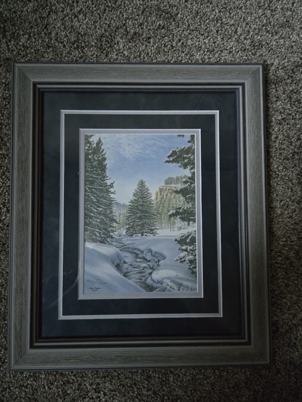 Serene Winter Pine Art Print in Gray Frame